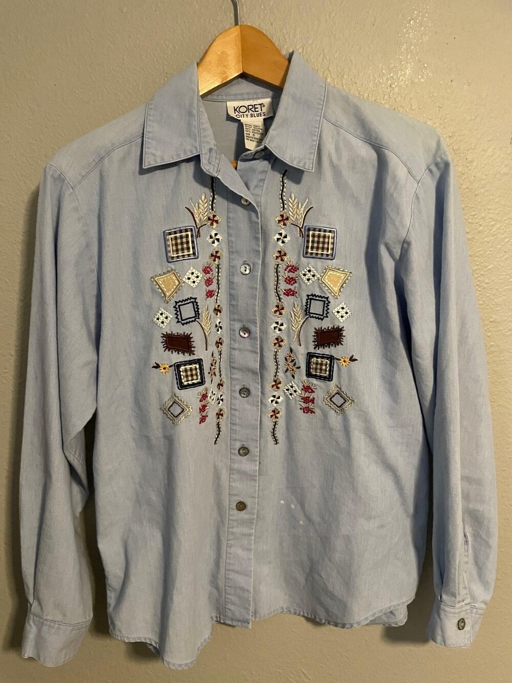 Vintage Koret Womens Top Small Chambray Floral Embroidered Cottagecore 90s READ